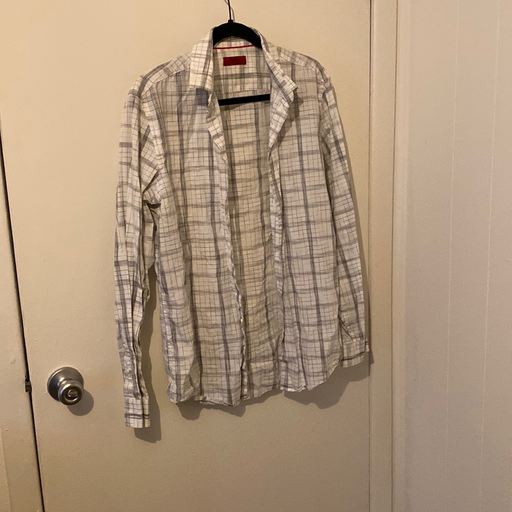 White and grey plaid long sleeve button up